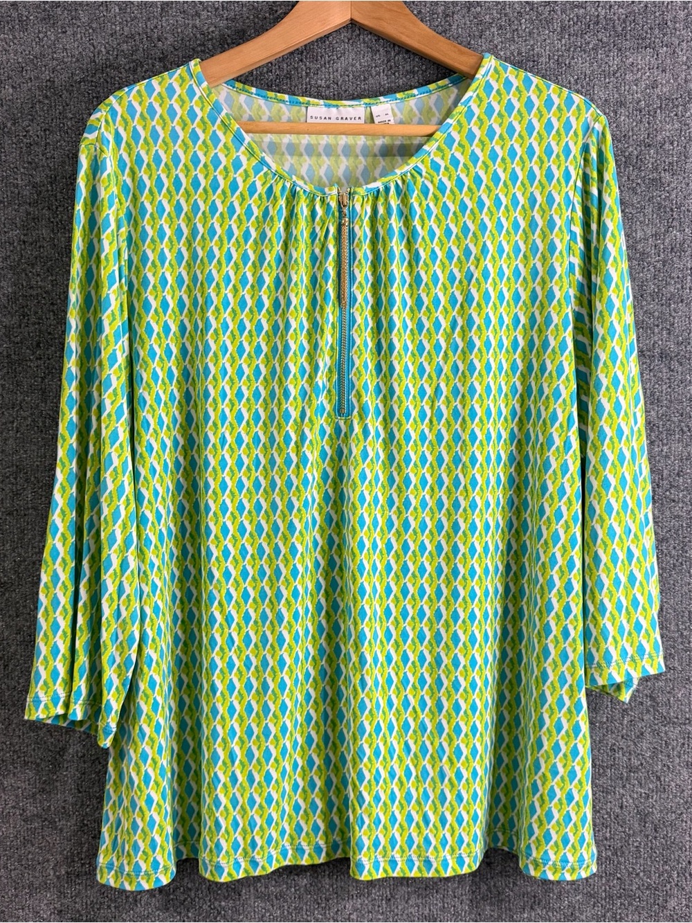 Susan Graver Womens Liquid Knit Printed Top Size XL Green Blue Zip 3/4 Sleeve
